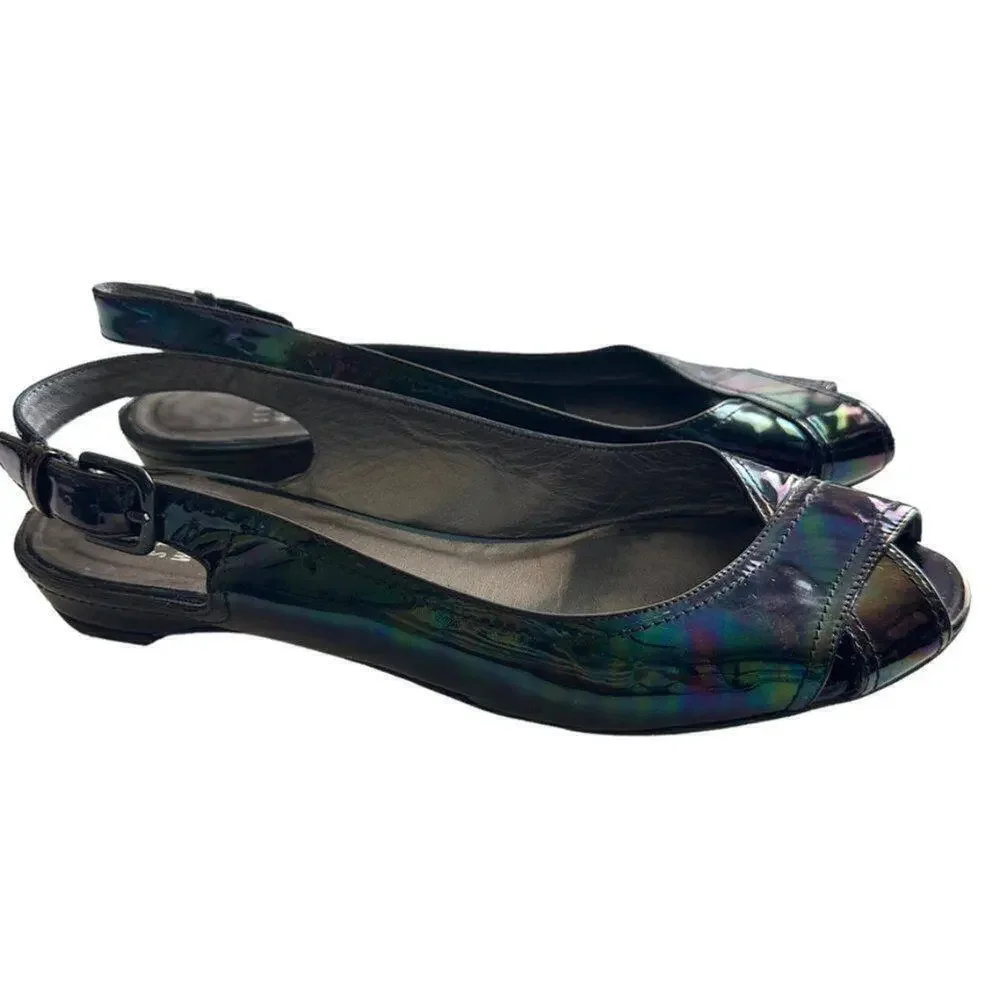 Stuart Weitzman Patent Leather Sling Back Flats Women's 8 Black‎ Petrol Patent